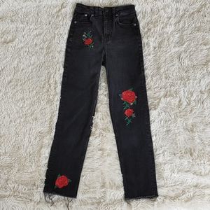 Rose Embroidered High Waisted Distressed Mom Jeans
